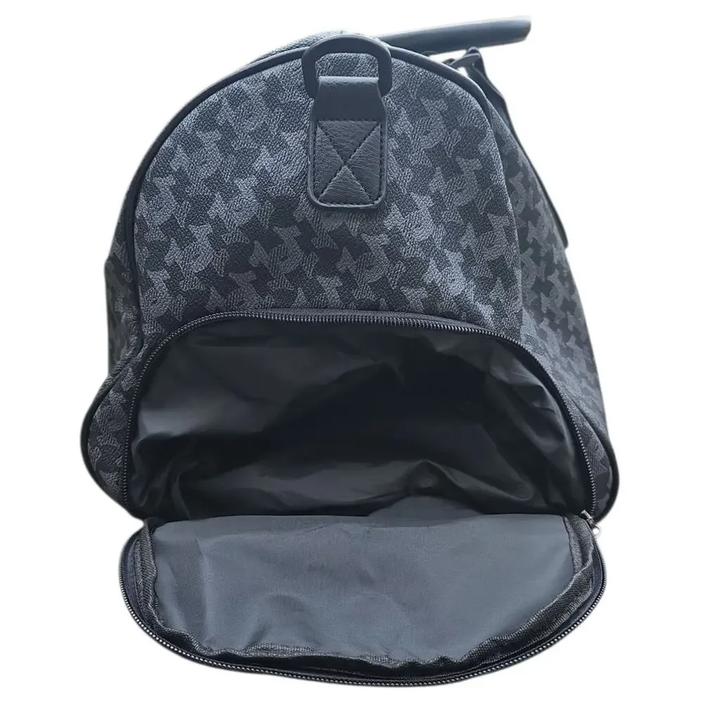 True Religion Tuya Unisex Duffel Black Houndstooth Faux Leather Bag Shoe Pocket